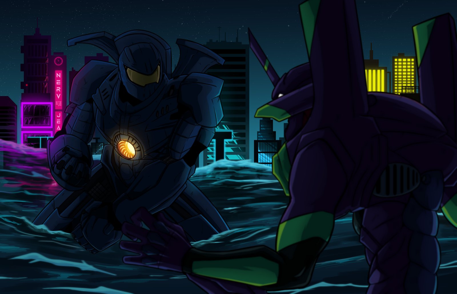 Ilustración: mecha frente a un Evangelion en la ciudad