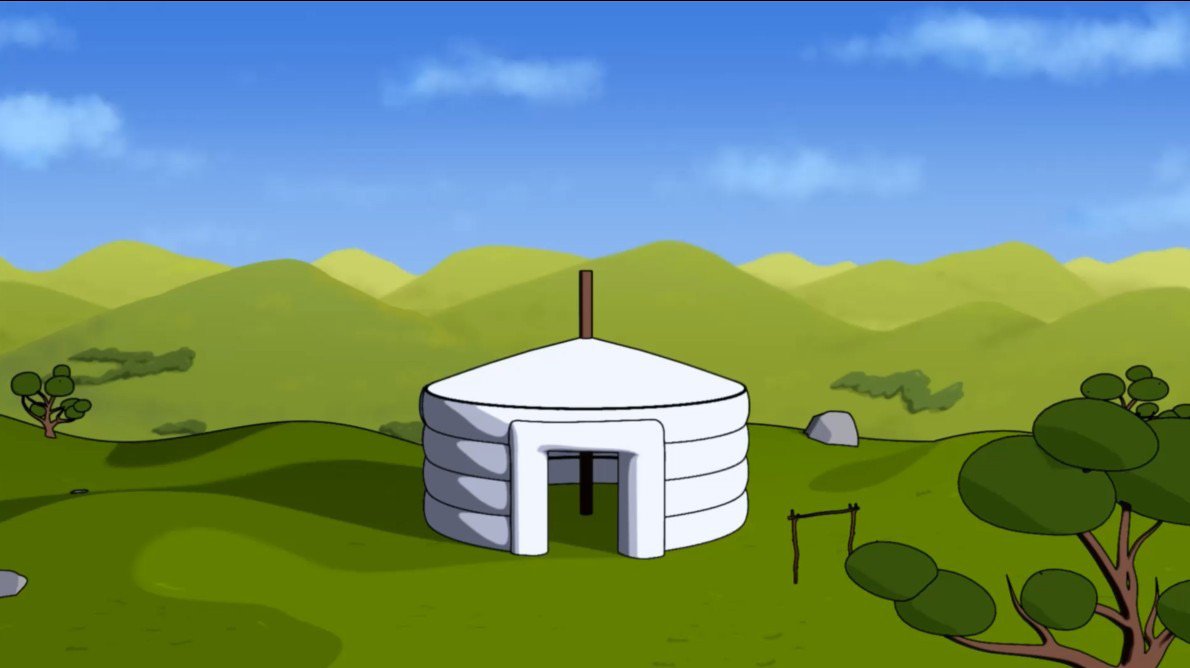 Fondo: yurta en la pradera