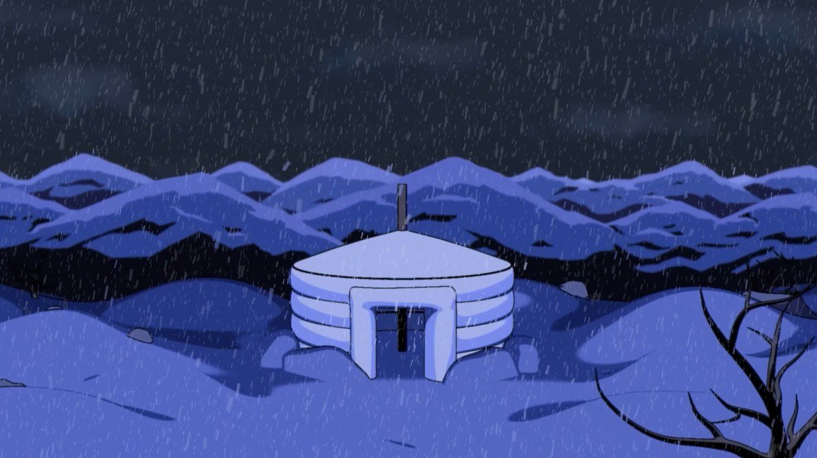 Fondo: jinete entre montañas nevadas