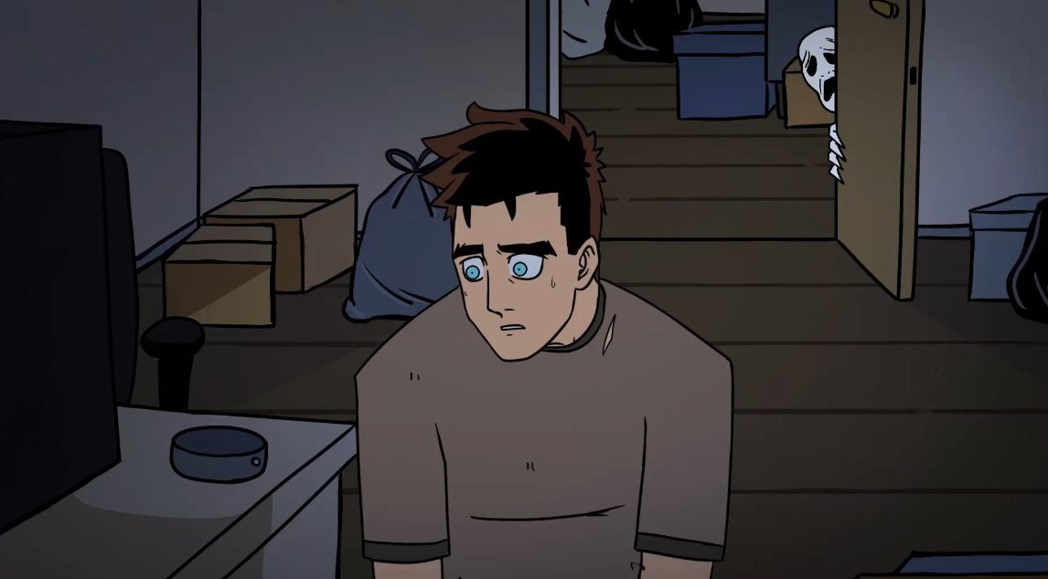 Escena principal de Insomnio: Nicolás sentado frente al computador de noche